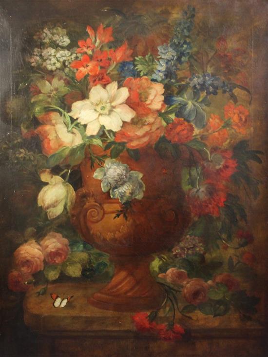 After Jean-Baptiste Monnoyer (1634-1699) Still life of flowers in an urn upon a ledge 36 x 28in.